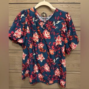 Southern Tide Teal Floral Puff-Sleeve Blouse with Coral & White Flowers